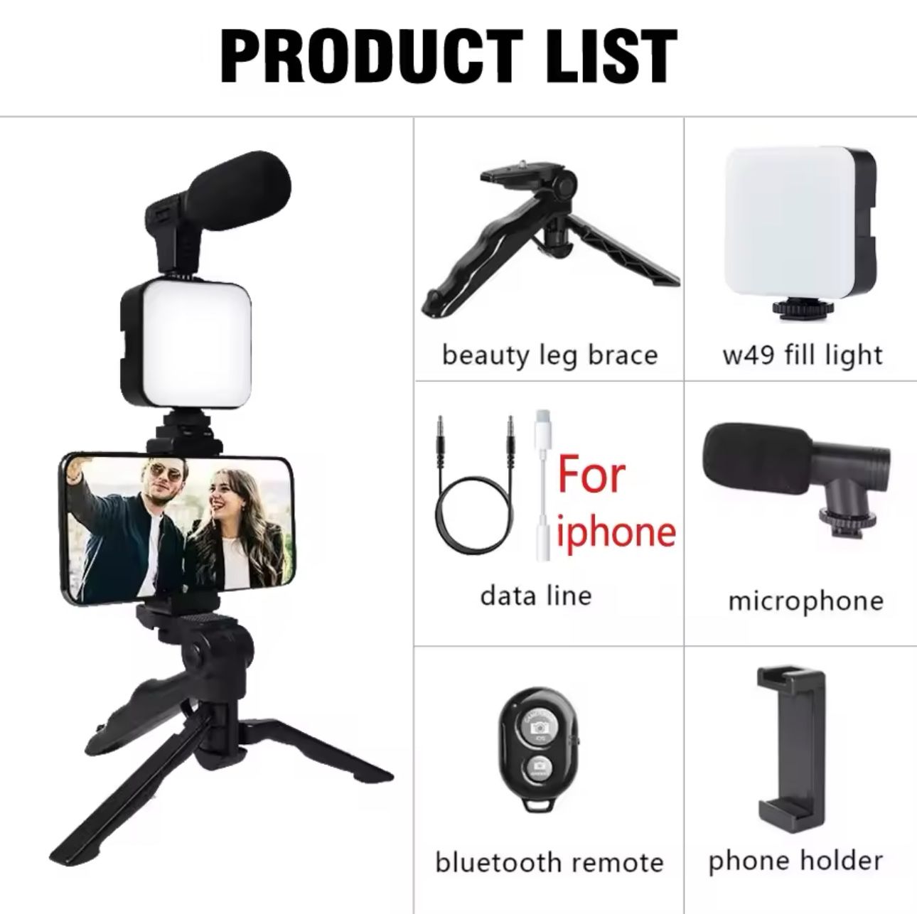 AY49 Smartphone Vlogging Kit With Tripod Phone Holder Mini Microphone LED Fill Light Starter For TikTok Live Stream Video YouTub
