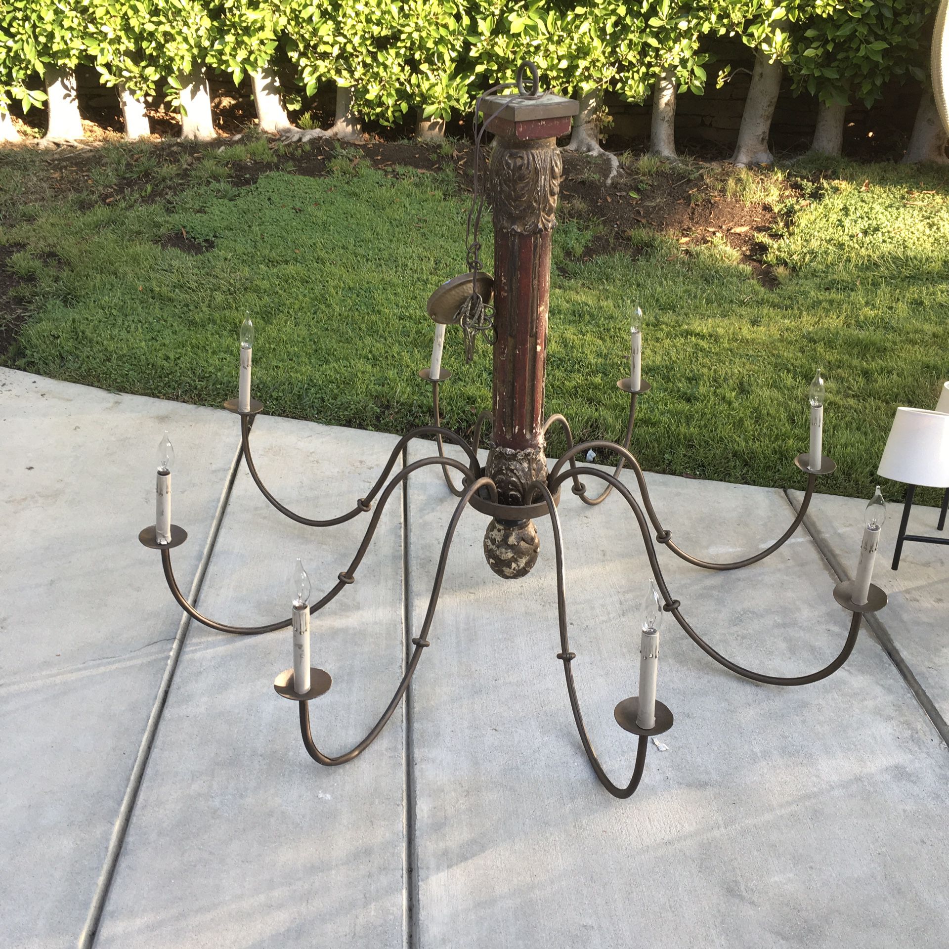 WOOD STEM FINISHED CHANDELIER ANTIQUE CHANDELIER, FRENCH WIRED, WOOD FLUTED COLUMN original retail over $3,600