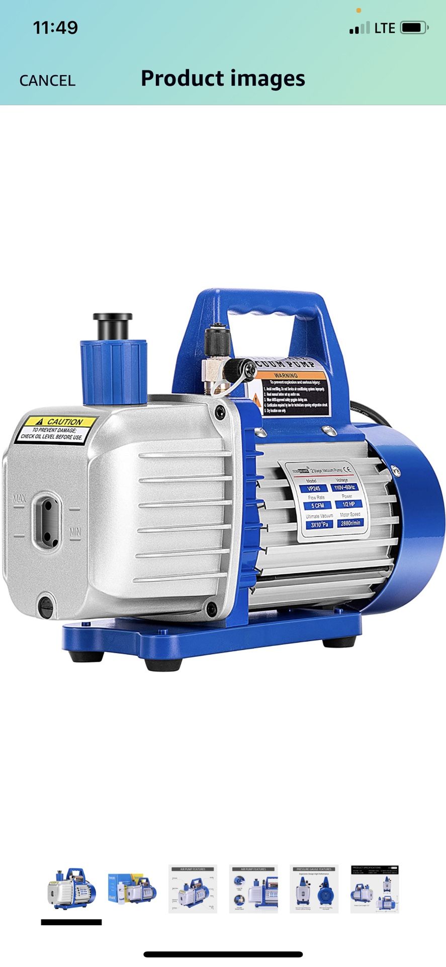 VIVOHOME 110V 1/2 HP 5 CFM Dual Stage Rotary Vane HVAC Air Vacuum Pump with Oil Bottle ETL Listed