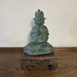 Bronze Style Buddha Statue With Wood Stand  