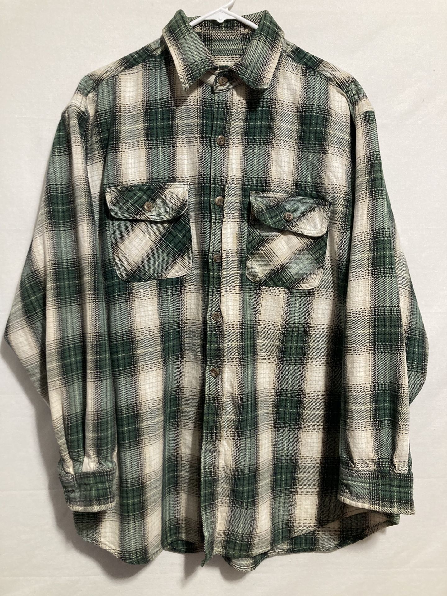 VTG Field & Stream Work Flannel Button Up Shirt Men XL Green Plaid Heavy Cotton