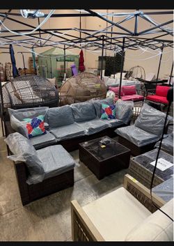 New Assembled 7pcs Outdoor set Brown Frame / Grey Cushions.