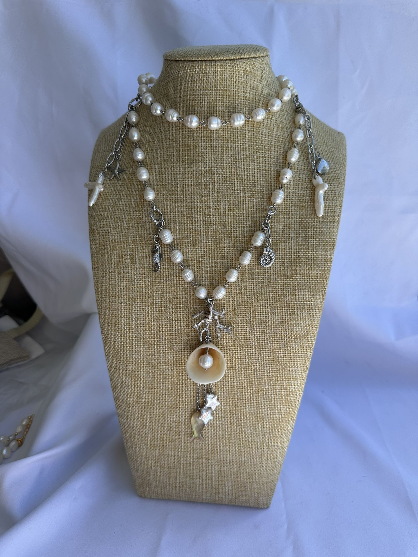 30” Nautical Pearl Necklace – Slip-On, Real Pearls, MOP Fish, Sea Charms