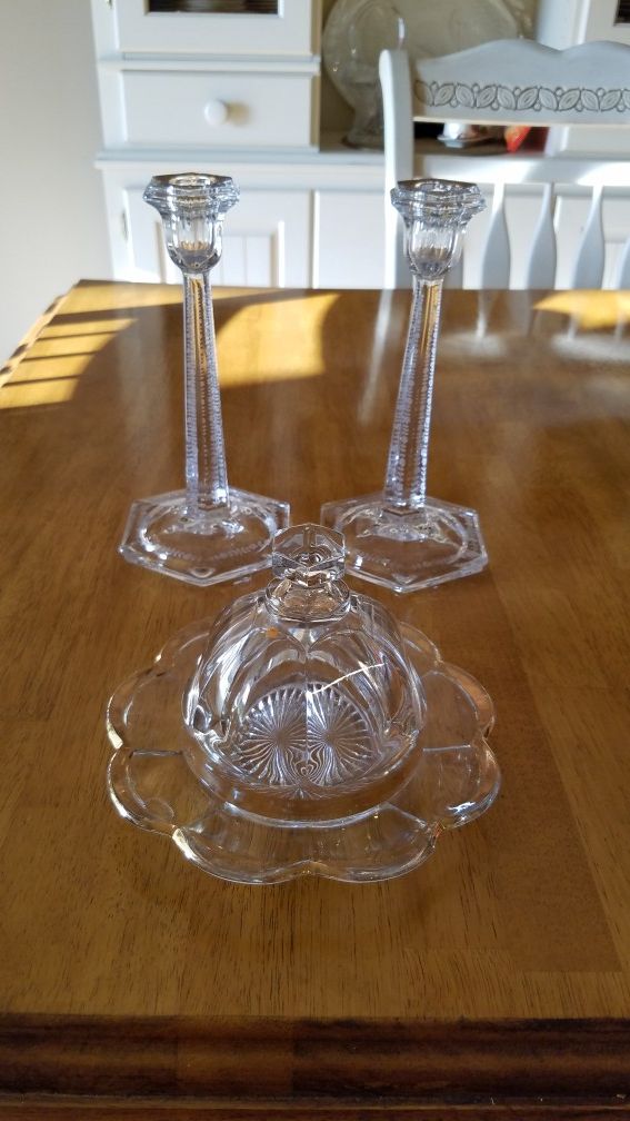 Candle holders (etched) & Butter Dish