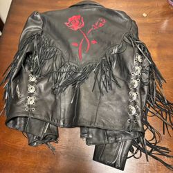 VINTAGE FIRST GENUINE LEATHER BLACK FRINGE LEATHER MOTORCYCLE JACKET SZ 14
