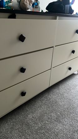 White Dresser with Dark Top and Black Knobs
