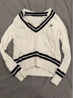 Cute White V-Neck Cable Knit Sweater with Black Trim- S