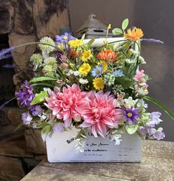 Ht-14in Width-17in HANDMADE artificial Spring Floral In A Distressed White Tool Box