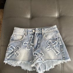 Cross Patch Fringed Denim Shorts