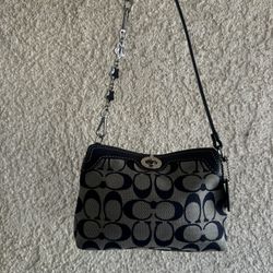 Y2K Vintage Mini Grey And Navy Blue Coach Turnlock Wristlet/ Shoulder Bag