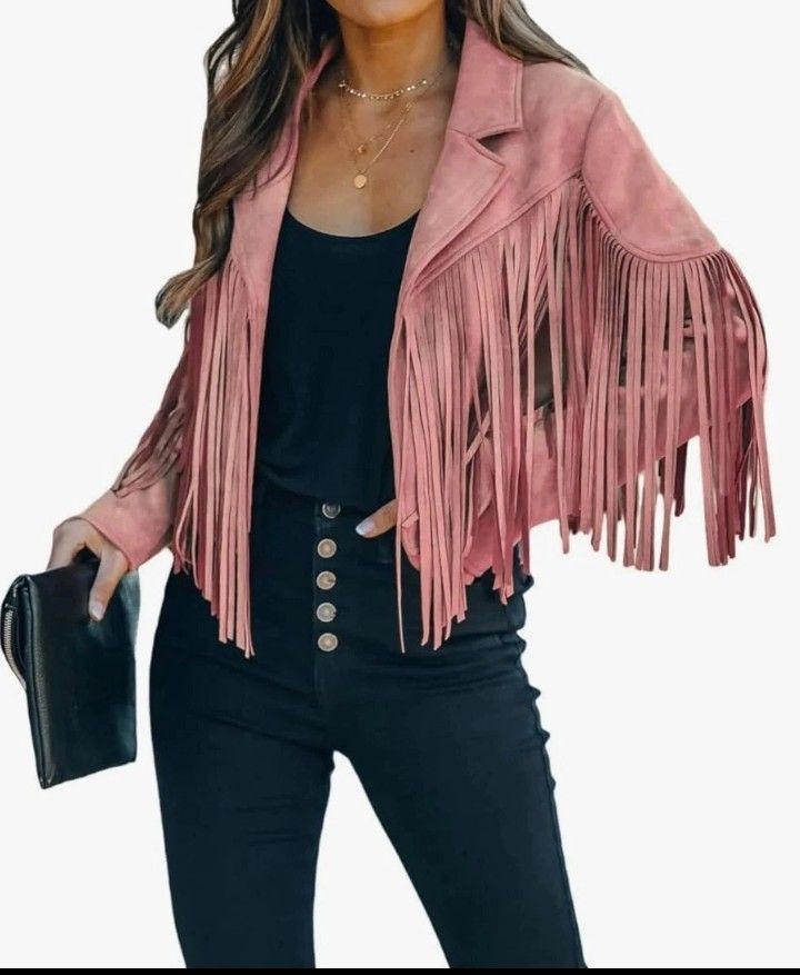 Chartou Women's Pink Faux Suede Country Western Fringe Moto Jacket Size Large