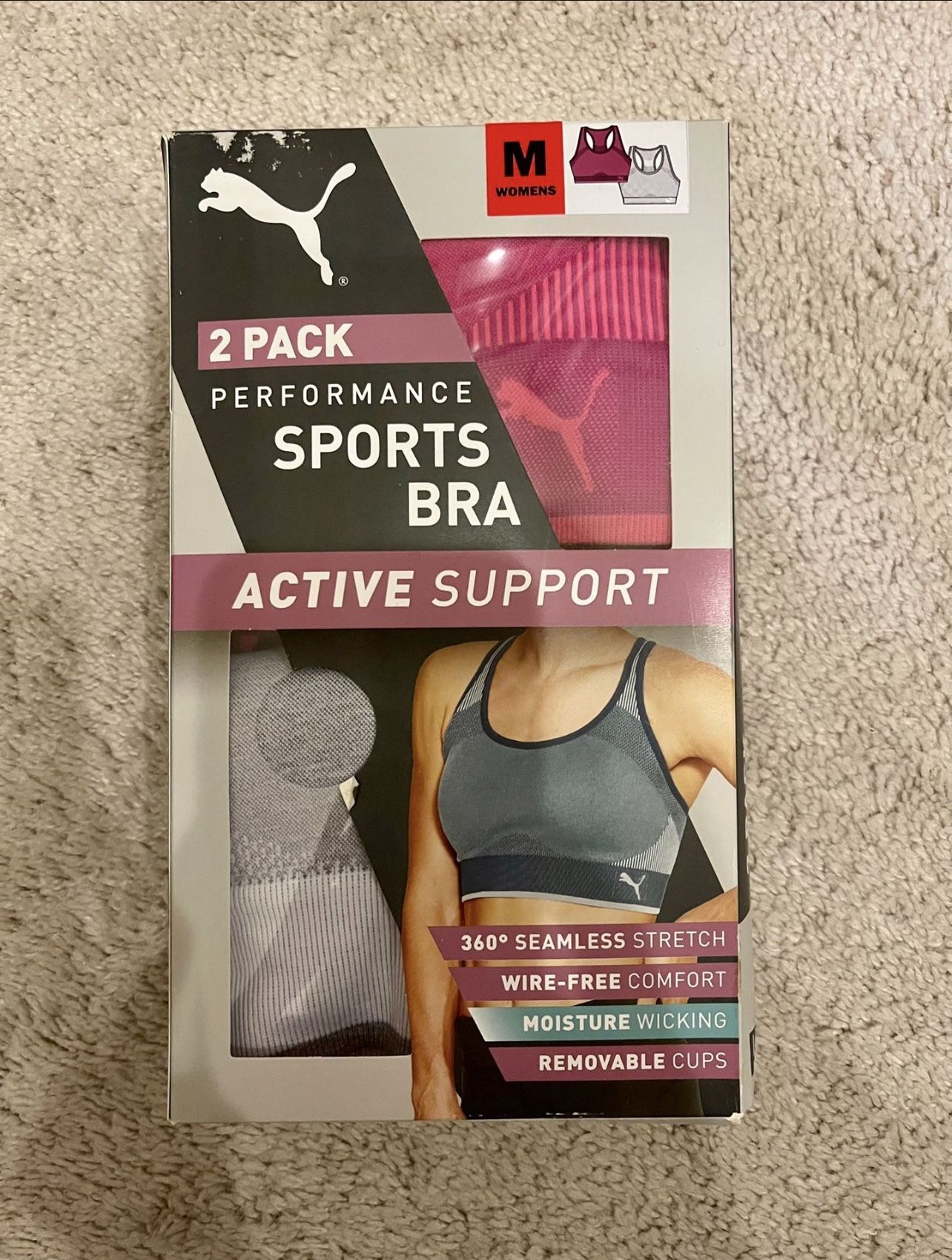 Puma Women's Sports Bra 2 Pack Seamless Removable Cups Size: M, Pink/White