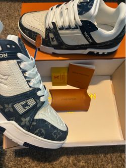 LV Trainer Blue Monogram Denim Leather Shoes Size 10 | Box & Papers Included