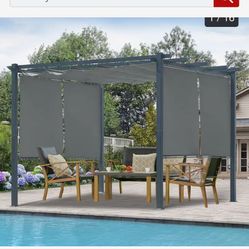 Aoodor 10 x 10 FT Outdoor Pergola with Retractable Shade Canopy, 4 Pieces Roller Shade Curtain