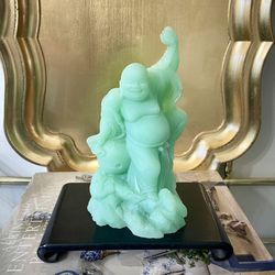 Vintage 8” H Faux Jade Standing Buddha Statue with Solid Wood Base