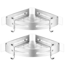 Corner Shower Caddy Shelf with Hooks Wall Mounted for Kitchen Bathroom Toilet Organizer Storage Adhesive No Drilling Aluminum - 2 Pack