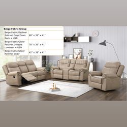 Beige Manual Reclining Couch Set