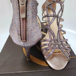 Enzo Angiolini Earennes Silver Heels Size 8.5 Shoes Sandals Glitter Sparkle 3"