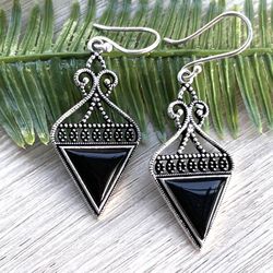 Triangle Natural Black Onyx Silver 2” Earrings