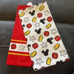 NEW Disney Parks Mickey Mouse Tea Towels Set of 2, 100% Cotton, Red & White
