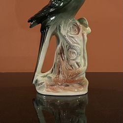 Vintage Dark Green Ceramic Parrot Figurine Perched On Wood Base