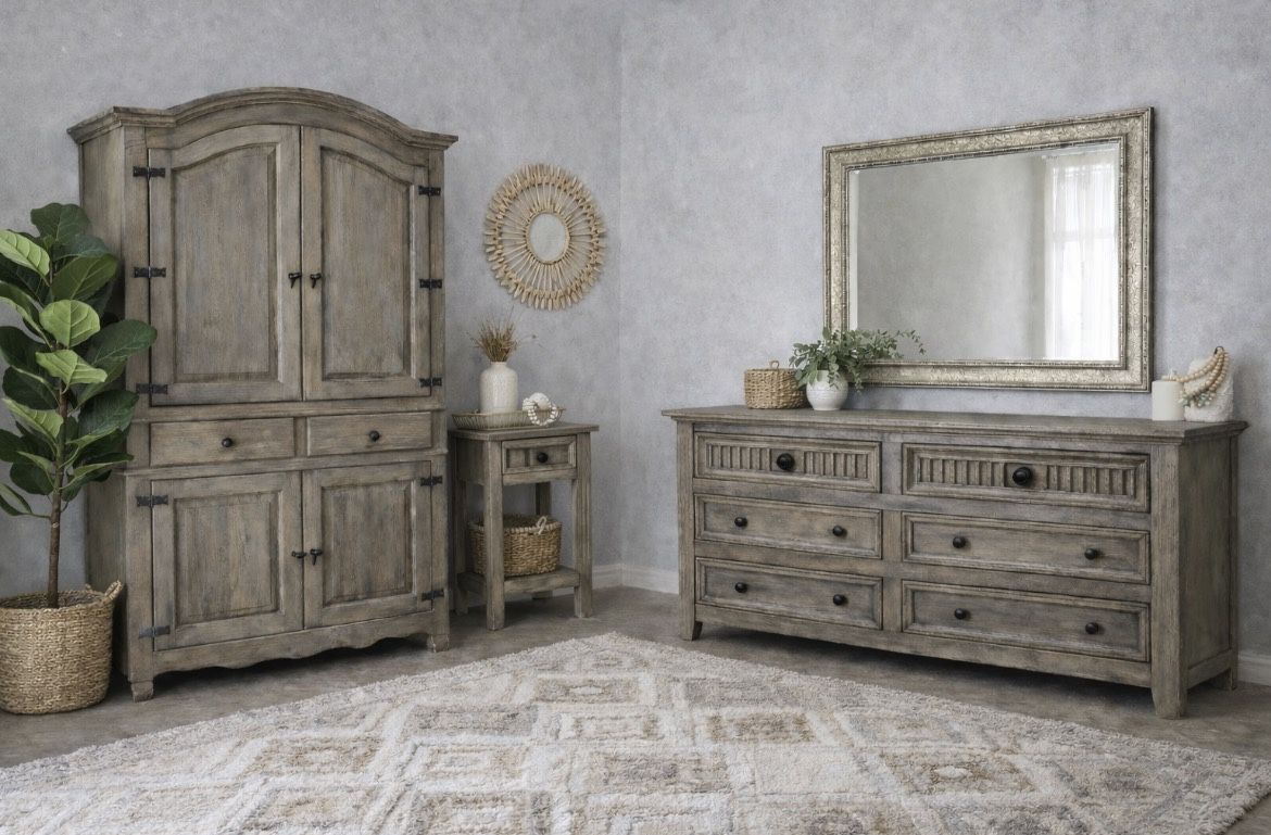 Rustic Wood Bedroom Set – Dresser, Armoire & 2 Nightstands