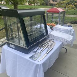 Heated display case(Patriot), Benchmark2/door food warmer,wall mounted rack, linen.Priced separately