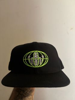 Black Snapback Hat with Skeleton Globe Embroidery