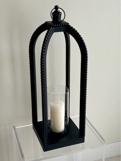 27” Kirklands Matte Black Beaded Wood Lantern with Hurricane Glass
