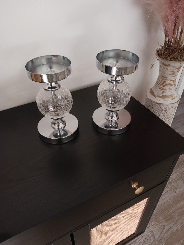 Two Matching Candle Holders Silver With Glass In Middle 