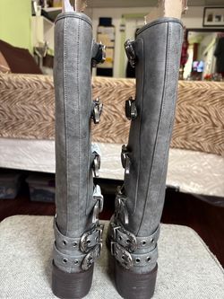 Gray Knee-High Buckle Moto Boots