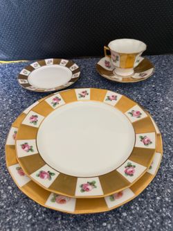 Vintage Porcelain Tea Set with Rose and Gold Pattern