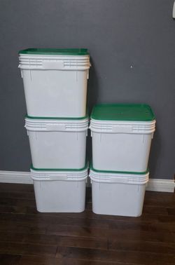 Storage stackable Containers, white with green lids.