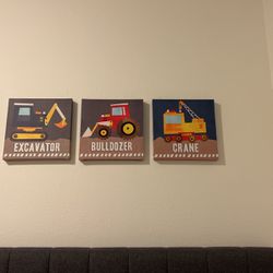 3 12x12 Excavator, Bulldozer, Crane Canvass Prints 