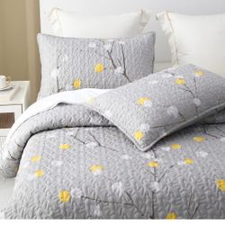 Floral Quilt Set King Size 3Pcs, Grey Branch with Yellow Turquoise Polka Dot Pattern All Season Lightweight Coverlet Sets(King 106x96, Botanical Grey)