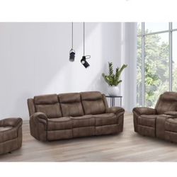 3 Piece Recliner Sofa Loveseat Chair Brown