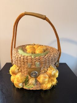 Vintage Rattan Raffia Yellow Flowers Woven Basket Tiki Purse