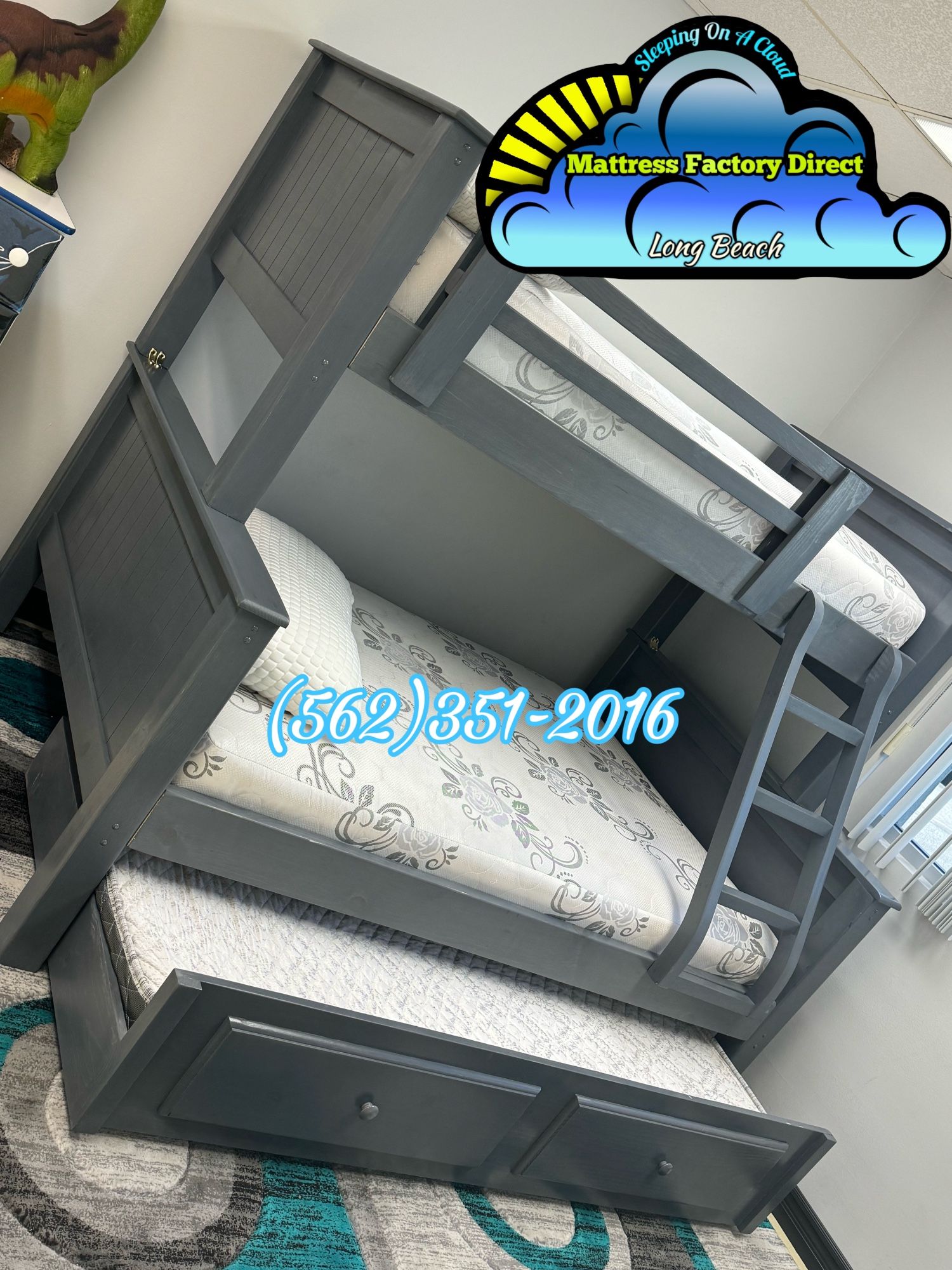 Twin/ Full Gray Bunk Bed With All Mattresses And Trundle Roll Out Bed
