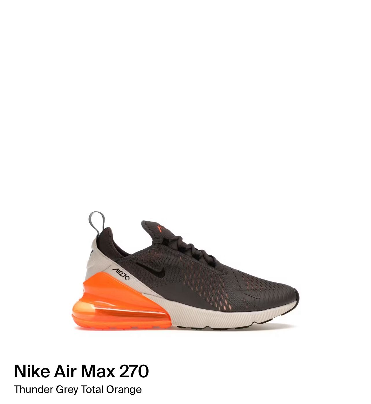 Size 7.5,15 - Nike Air Max 270 Thunder Grey Total Orange AH8050 024