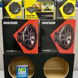 New (2) 12” inch KICKER CVR 800 Watts Subwoofers + Kicker 1600 Watts Amp + (4) 6.5” Kicker Speakers 🔊🤑