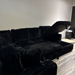 Black Fluffy Corduroy Sectional Couch With Pop Up Bed And Storage Chaise 