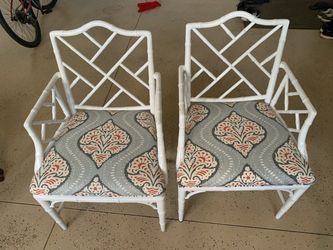 Vtg Chippendale Chinese Bamboo Arm Chairs Upholstered WHITE