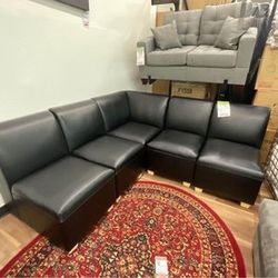 Black Faux Leather Sectional Sofa Couch 
