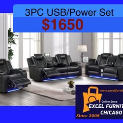 💥FREE DELIVERY💥Brand New POWER, LED, USB  3PC Reclining Sofa Loveseat Chair Set 
