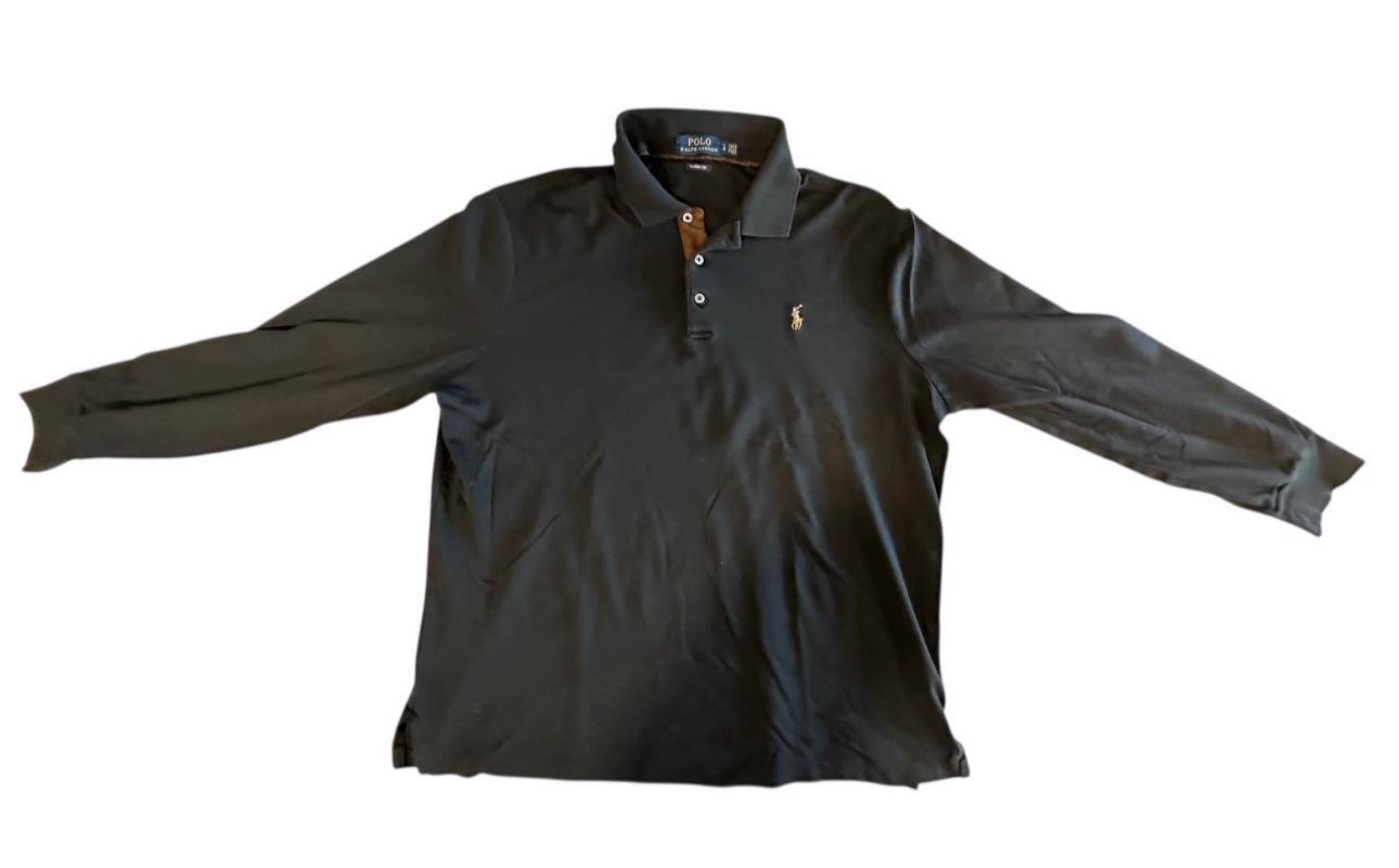 Polo Ralph Lauren Classic Fit, 3 Button Placket, Long Sleeve Shirt, Luxe Cotton – Black with Brown Accent, Men’s L 