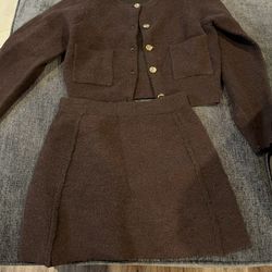 Zara knit cardigan and mini skirt set in a brown