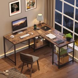 Wayfair Nedyo 95.2” Rustic Brown L Shaped Desk w/ shelves, Reversible Corner To A 2 Person Desk