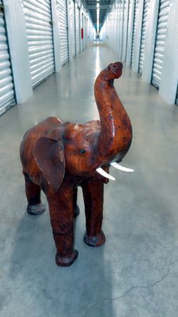 Vintage Large Brown Leather Wrapped Elephant Sculpture With Glass Eyes