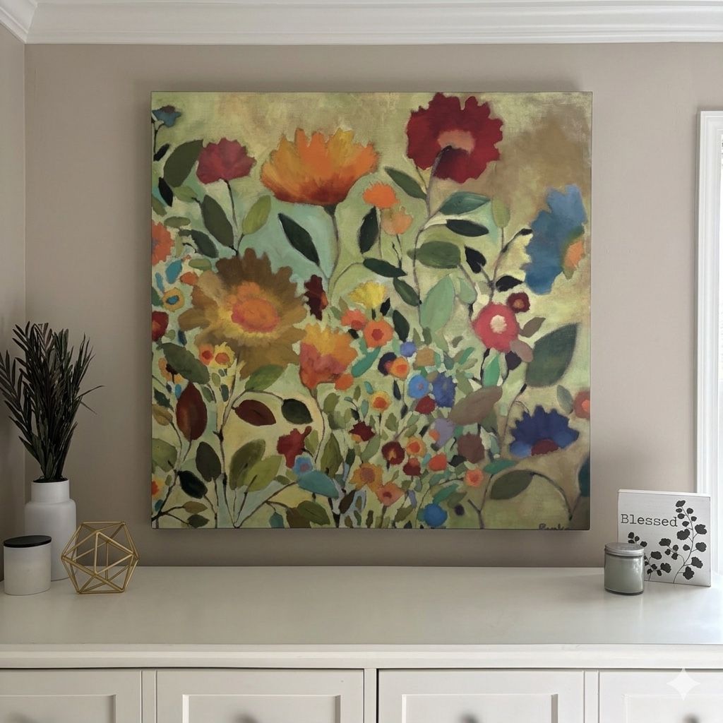 Unframed Colorful Floral Canvas Wall Art 35"H x 34.5"W