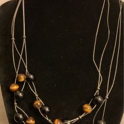 Sterling Silver 925 Double Strand Necklace With Black And Tiger’s Eye Stones